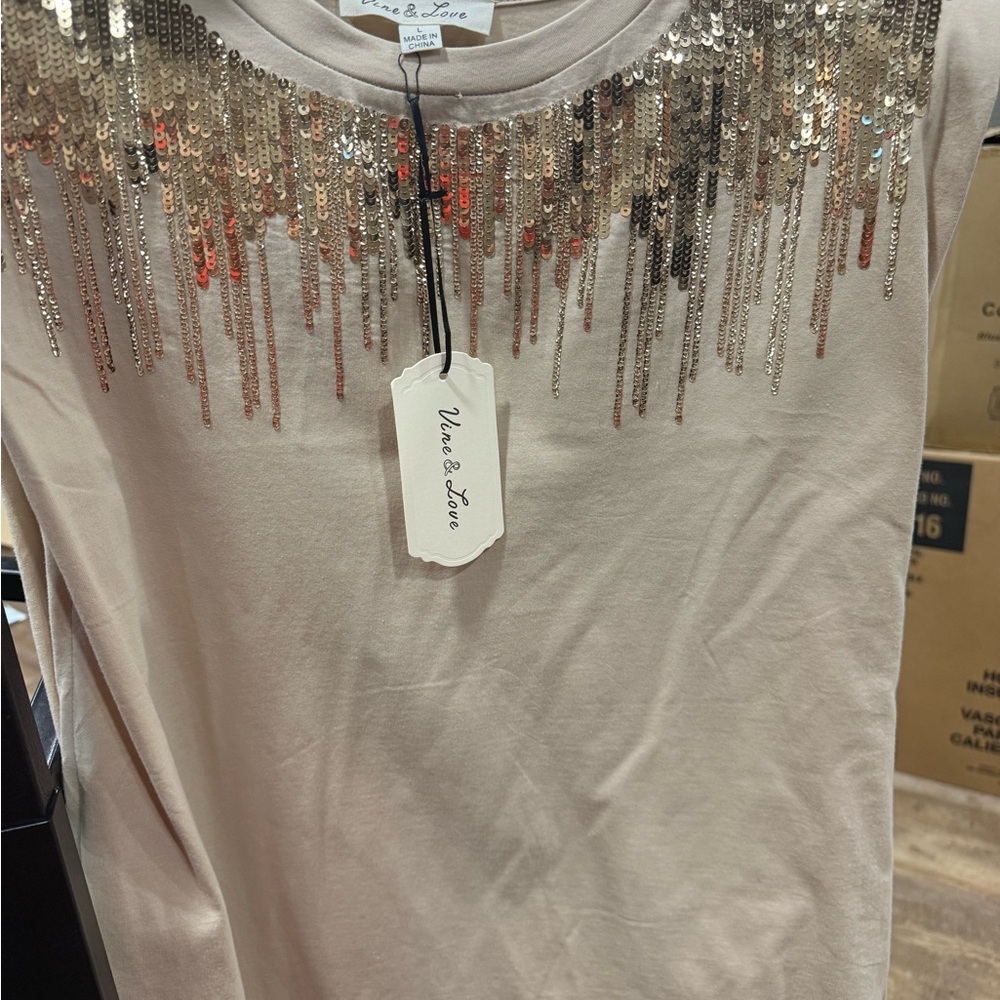 Vera & Love Women's Sequin Fringe Crewneck Top — Blush